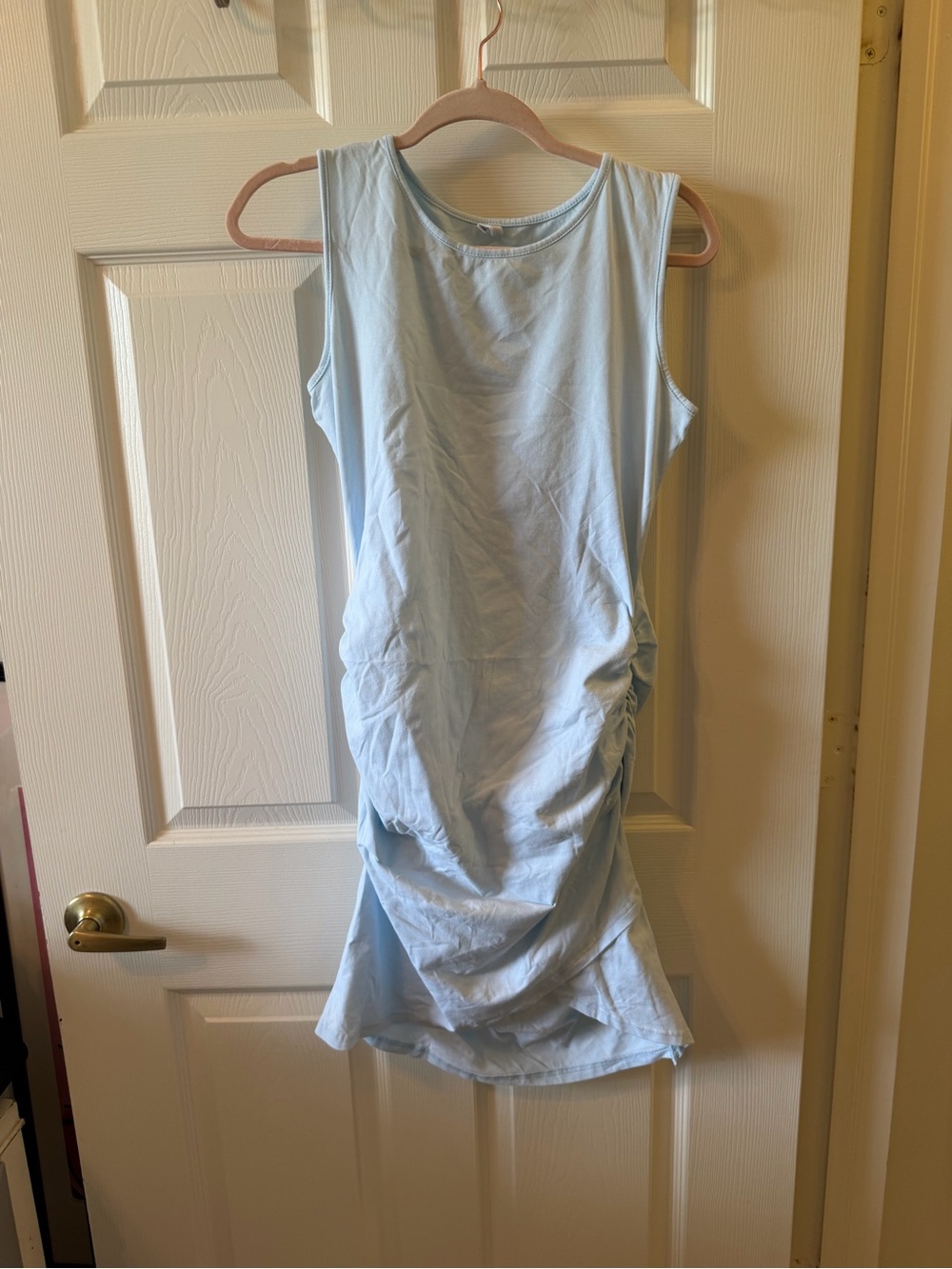 Sleeveless Light Blue Ruched Mini Dress